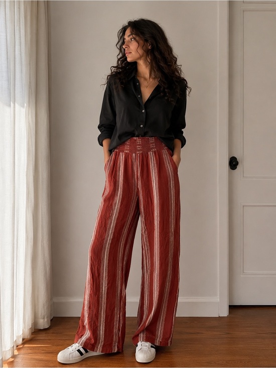 Rewash Pants - Rewash Rust-Striped Wide Leg Pants